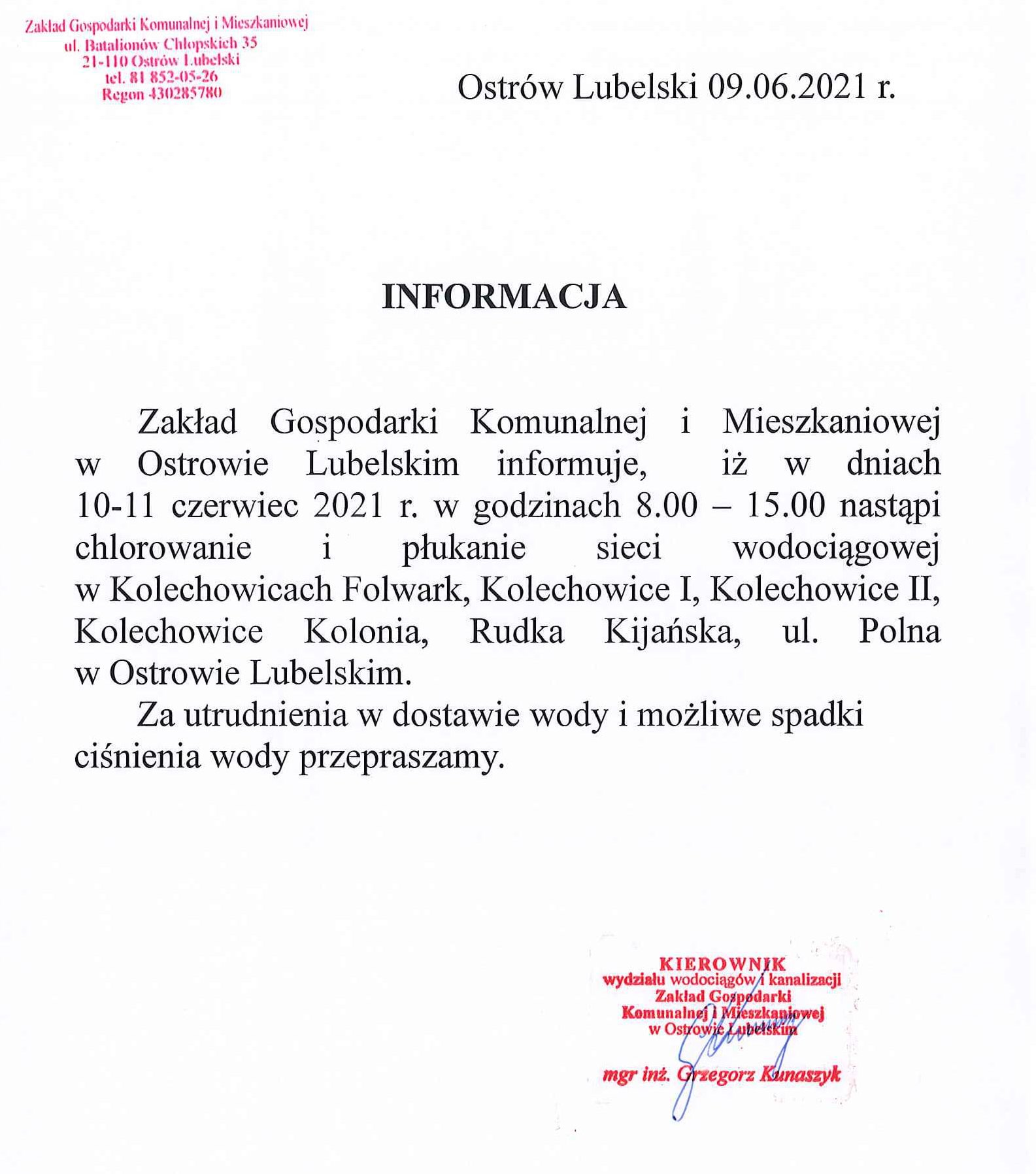 Informacja płukanie sieci w Kolechowicach